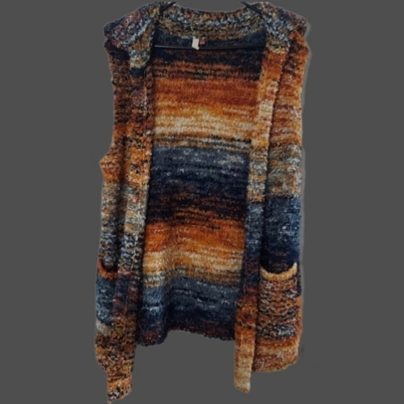 Pilcro Anthropologie sweater cardigan with pockets - orange, blue, white - Picture 2 of 15